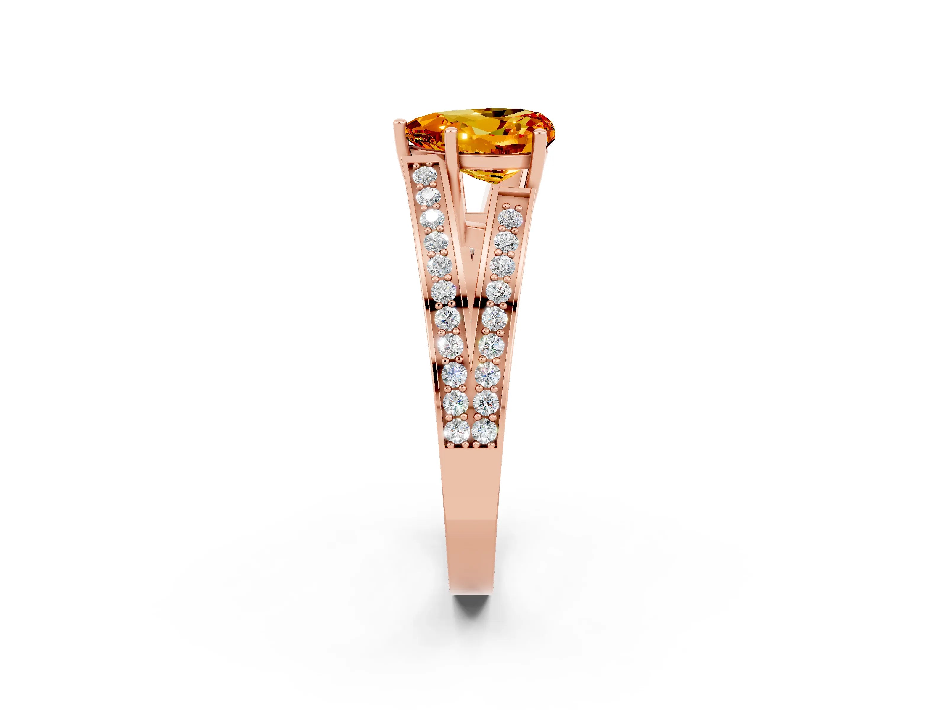 Rose gold Heart Cut Citrine Split Shank Ring with Pavé Band and Four-Prong Setting_2
