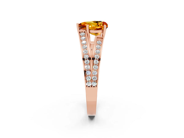 Rose gold Heart Cut Citrine Split Shank Ring with Pavé Band and Four-Prong Setting