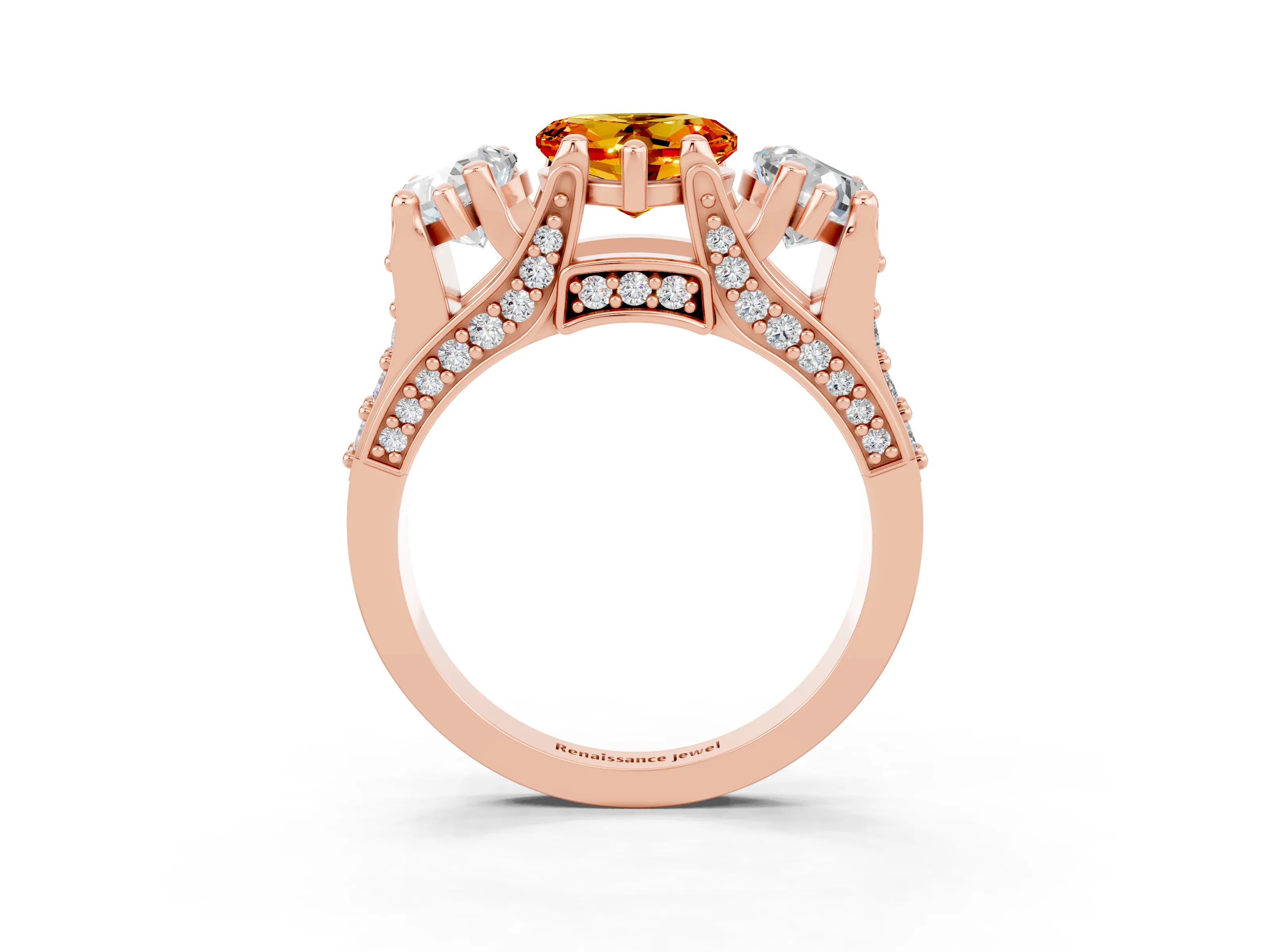 Rose gold Heart Cut Citrine Three-Stone Ring with Channel Set Band and Four-Prong Setting_3