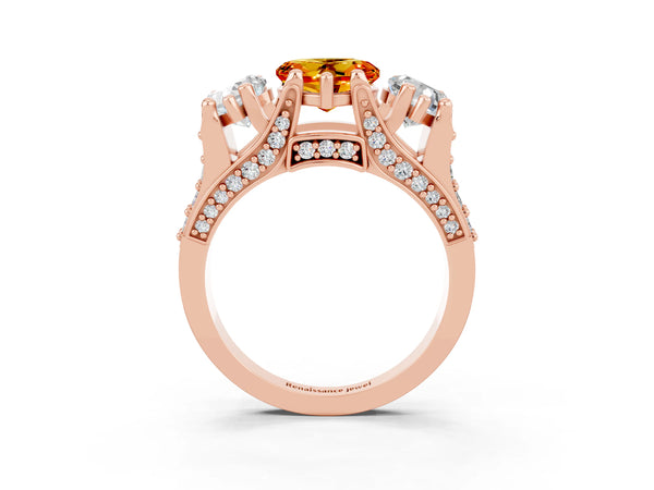 Rose gold Heart Cut Citrine Three-Stone Ring with Channel Set Band and Four-Prong Setting