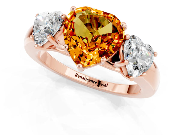Rose gold Heart Cut Citrine Three-Stone Ring with Four-Prong Setting and Classic Band