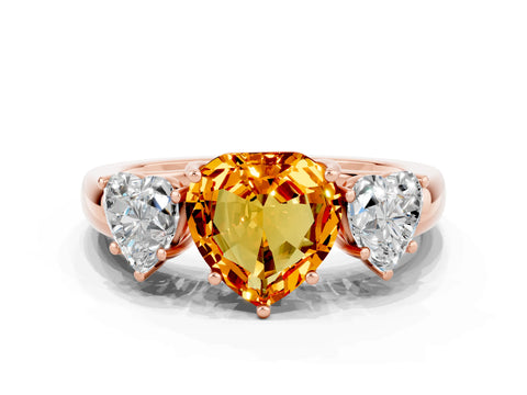 Rose gold Heart Cut Citrine Three-Stone Ring with Four-Prong Setting and Classic Band