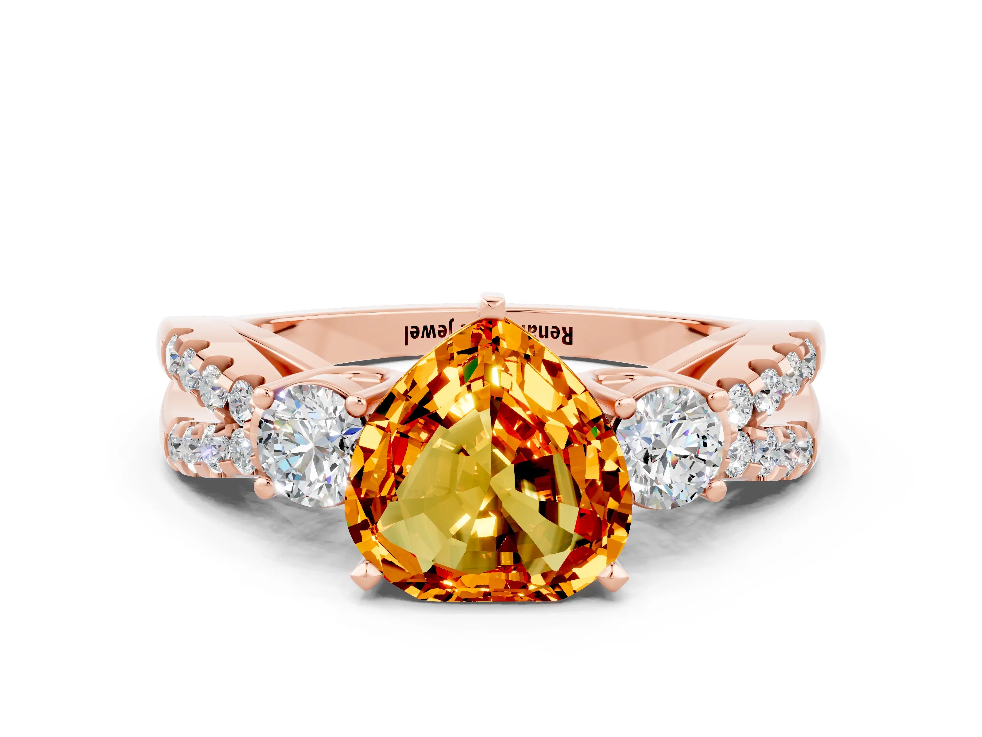 Rose gold Heart Cut Citrine Three-Stone Ring with Pavé Split Shank and Four-Prong Setting_24