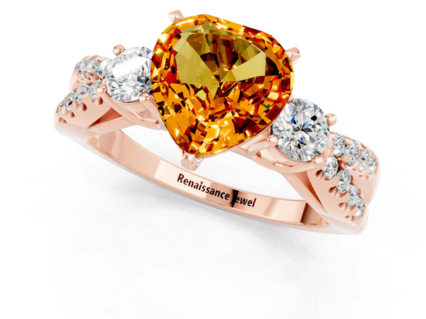 Rose gold Heart Cut Citrine Three-Stone Ring with Pavé Split Shank and Four-Prong Setting
