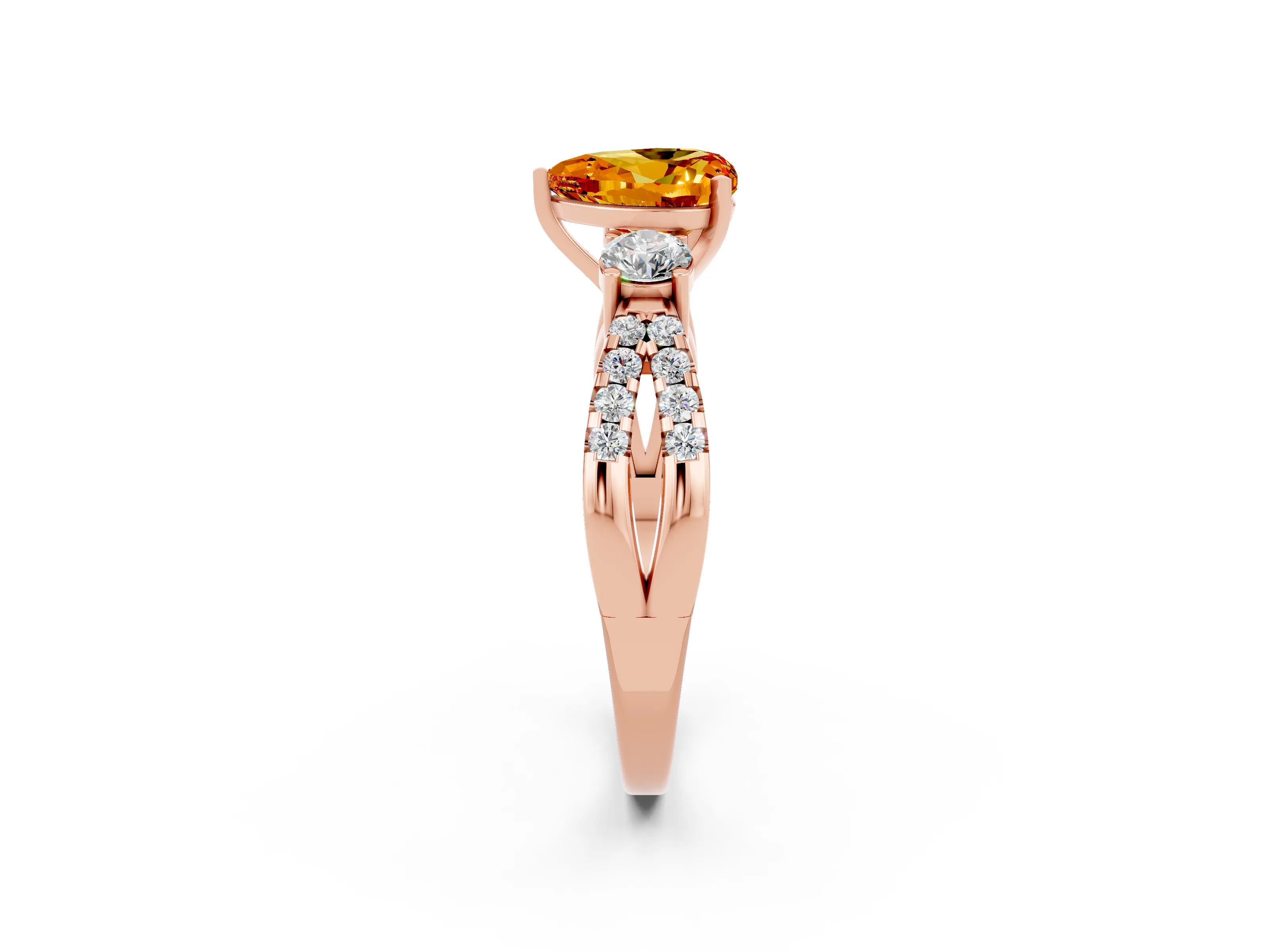 Rose gold Heart Cut Citrine Three-Stone Ring with Pavé Split Shank and Four-Prong Setting_26