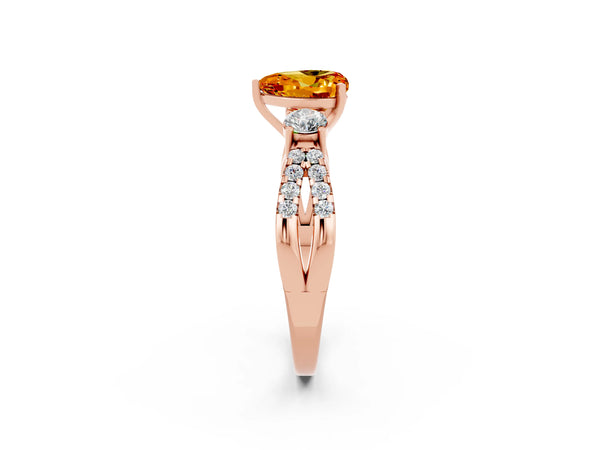 Rose gold Heart Cut Citrine Three-Stone Ring with Pavé Split Shank and Four-Prong Setting