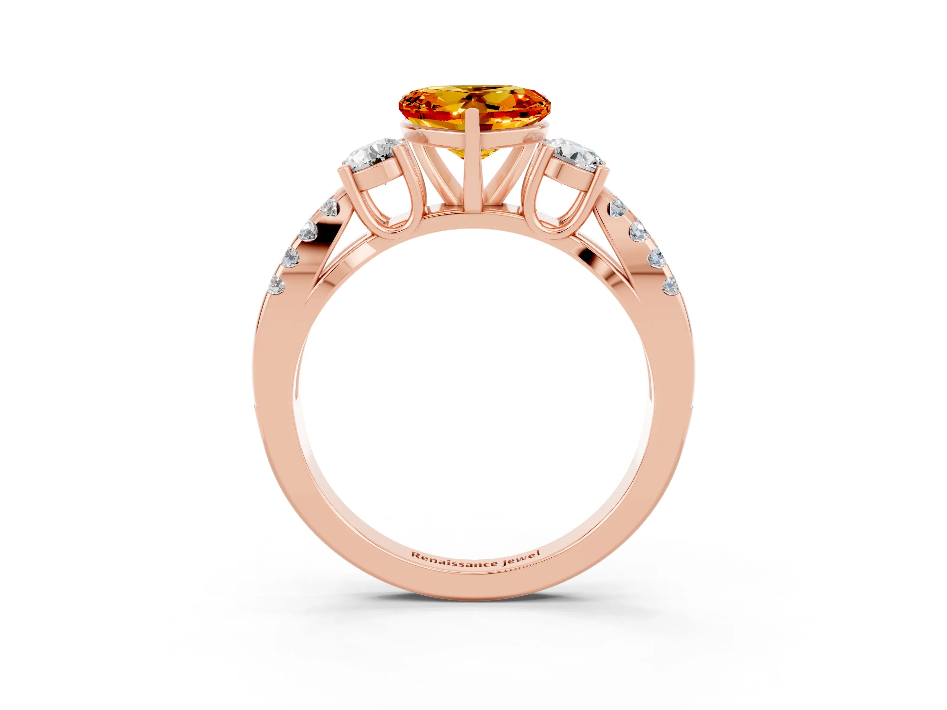 Rose gold Heart Cut Citrine Three-Stone Ring with Pavé Split Shank and Four-Prong Setting_27