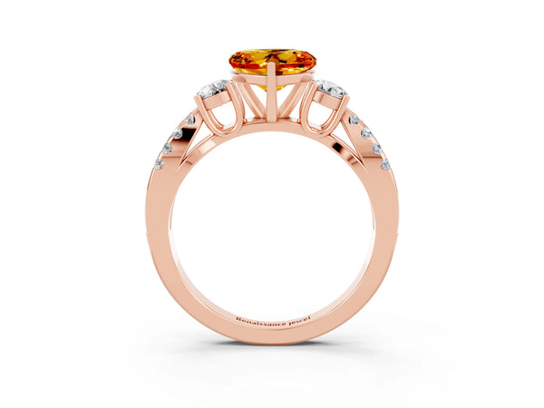 Rose gold Heart Cut Citrine Three-Stone Ring with Pavé Split Shank and Four-Prong Setting