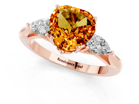 Rose gold Heart Cut Citrine Three-Stone Ring with Pear Side Stones and Four-Prong Setting_13