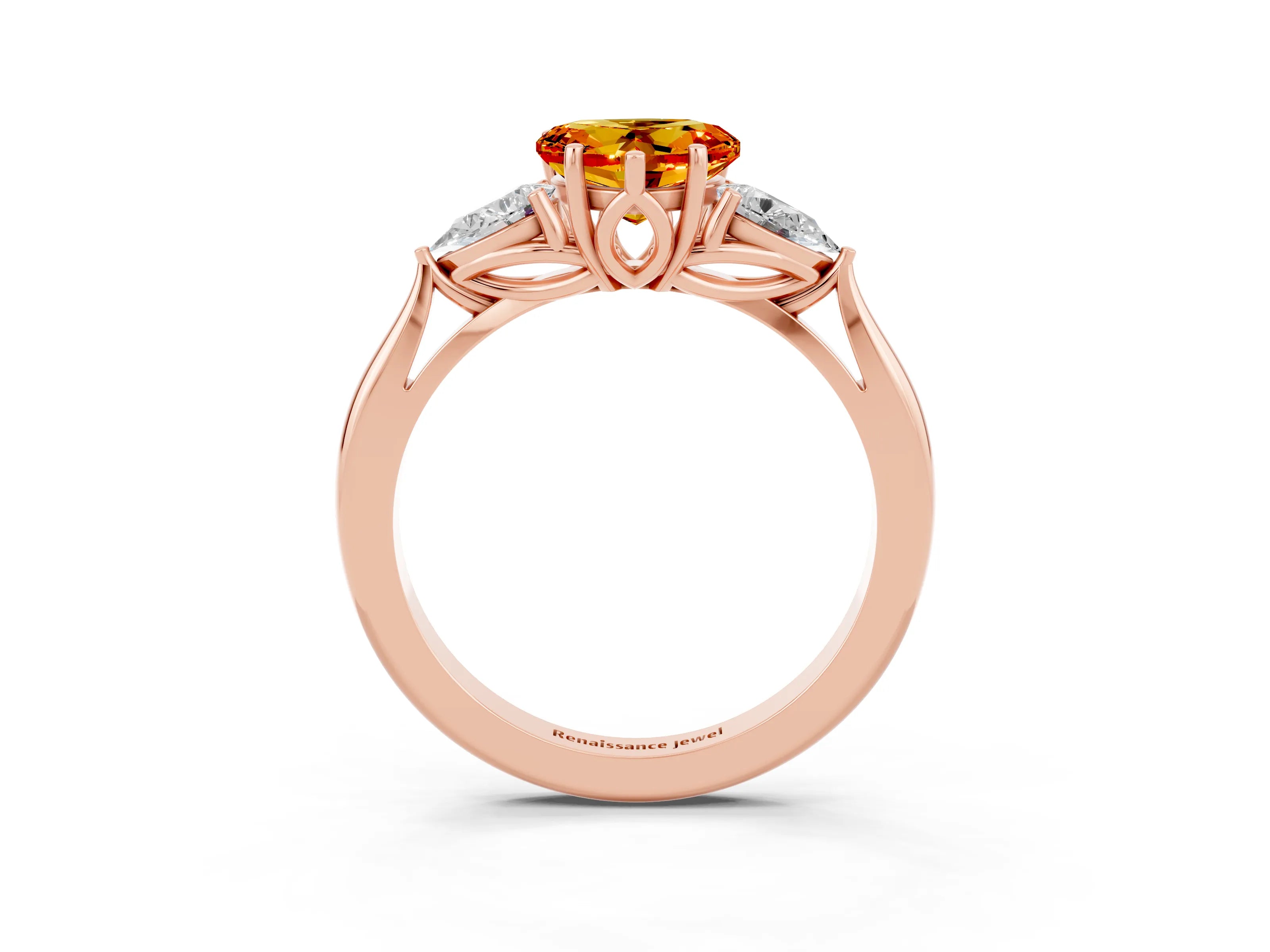 Rose gold Heart Cut Citrine Three-Stone Ring with Pear Side Stones and Four-Prong Setting_15