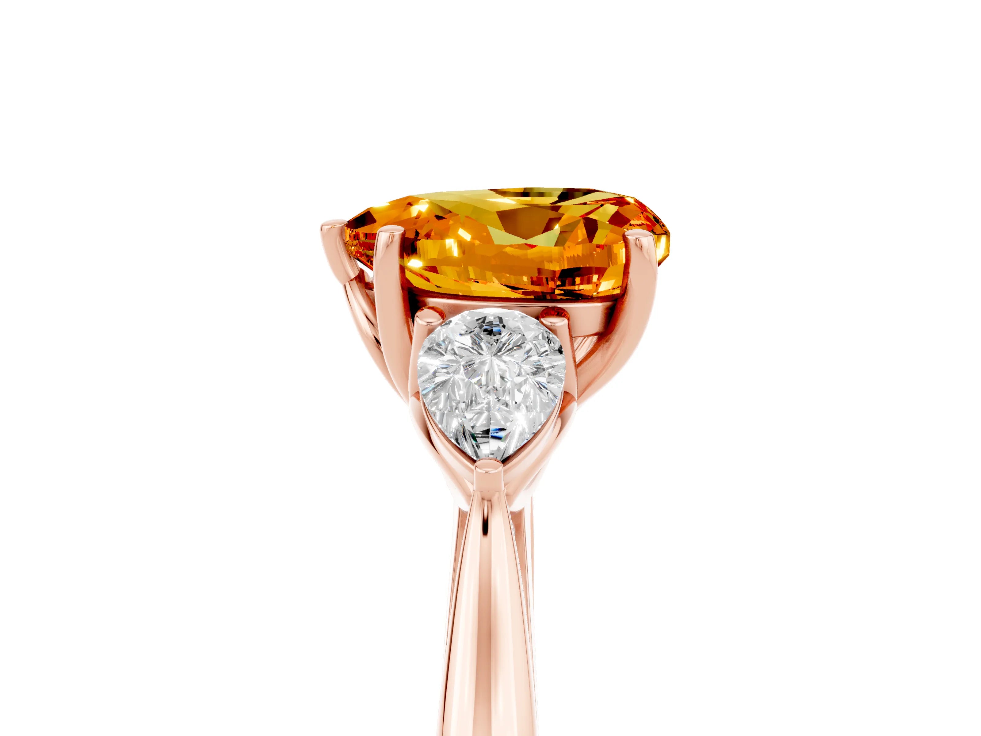Rose gold Heart Cut Citrine Three-Stone Ring with Pear Side Stones and Four-Prong Setting_17