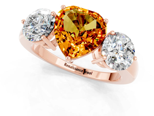 Rose gold Heart Cut Citrine Three-Stone Ring with Prong Setting and Classic Band