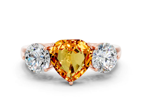 Rose gold Heart Cut Citrine Three-Stone Ring with Prong Setting and Classic Band