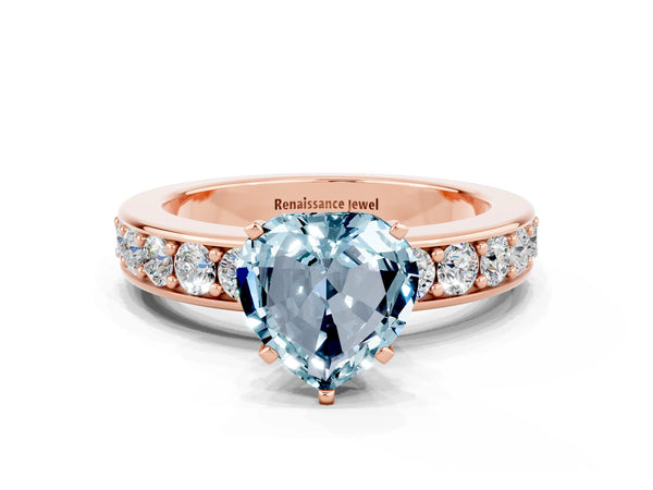 Rose gold Heart Cut Aquamarine Engagement Ring with Channel Set Round  Band and Prong Setting