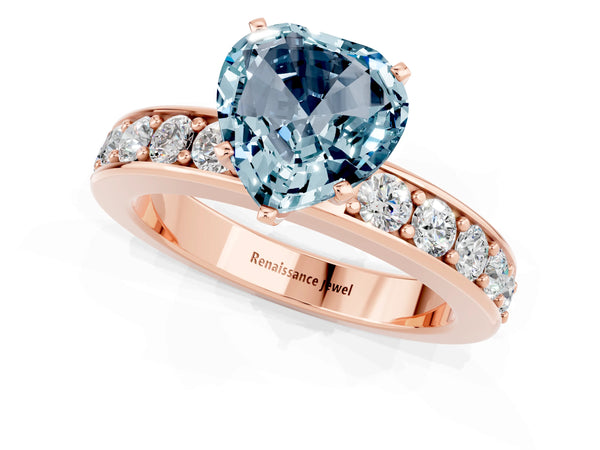 Rose gold Heart Cut Aquamarine Engagement Ring with Channel Set Round  Band and Prong Setting