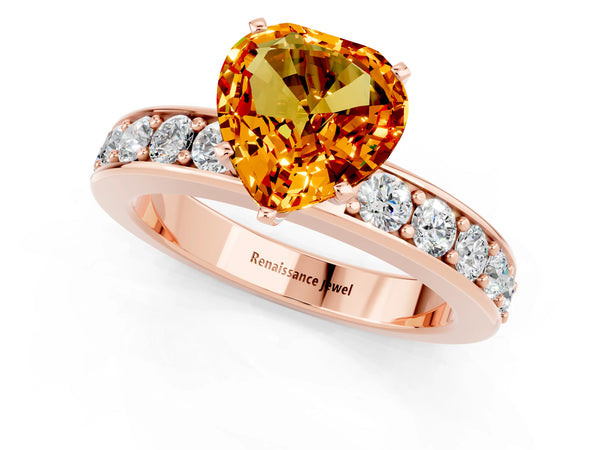 Rose gold Heart Cut Citrine Engagement Ring with Channel Set Round  Band and Prong Setting