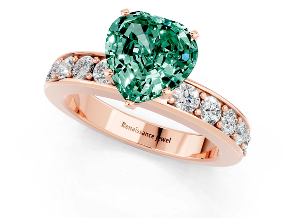 Rose gold Heart Cut Green Sapphire Engagement Ring with Channel Set Round  Band and Prong Setting