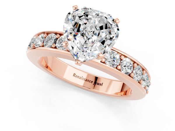 Rose gold Heart Cut Moissanite Engagement Ring with Channel Set Round  Band and Prong Setting