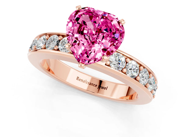 Rose gold Heart Cut Pink Sapphire Engagement Ring with Channel Set Round  Band and Prong Setting