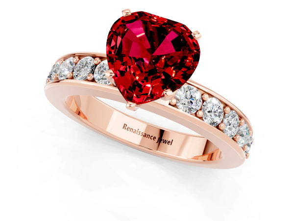 Rose gold Heart Cut Ruby Engagement Ring with Channel Set Round  Band and Prong Setting