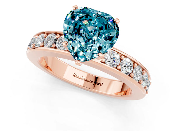 Rose gold Heart Cut Blue Topaz Engagement Ring with Channel Set Round  Band and Prong Setting