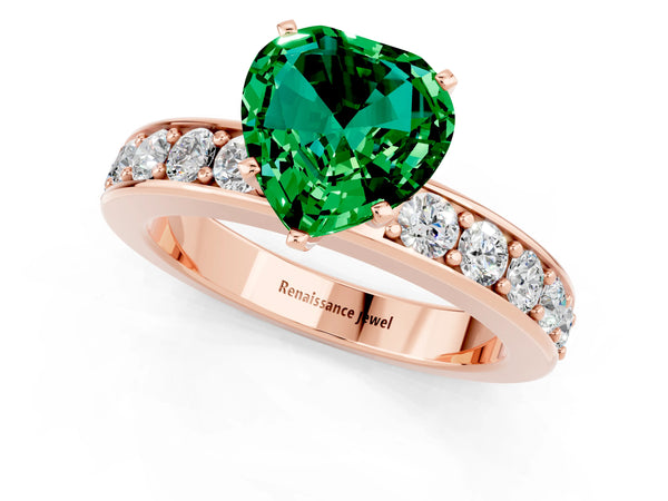 Rose gold Heart Cut Emerald Engagement Ring with Channel Set Round  Band and Prong Setting