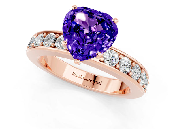 Rose gold Heart Cut Tanzanite Engagement Ring with Channel Set Round  Band and Prong Setting