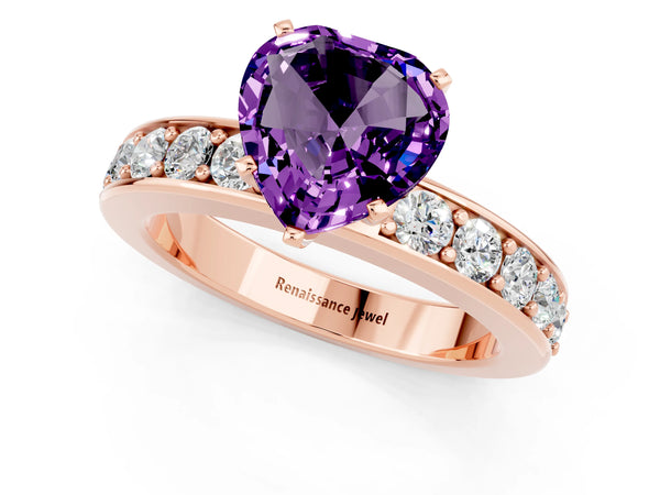 Rose gold Heart Cut Amethyst Engagement Ring with Channel Set Round  Band and Prong Setting