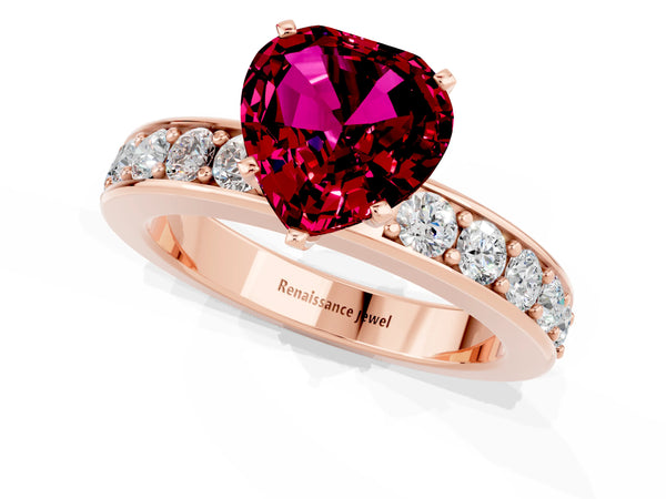 Rose gold Heart Cut Garnet Engagement Ring with Channel Set Round  Band and Prong Setting