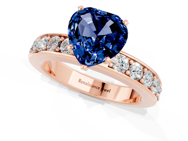 Rose gold Heart Cut Blue Sapphire Engagement Ring with Channel Set Round  Band and Prong Setting