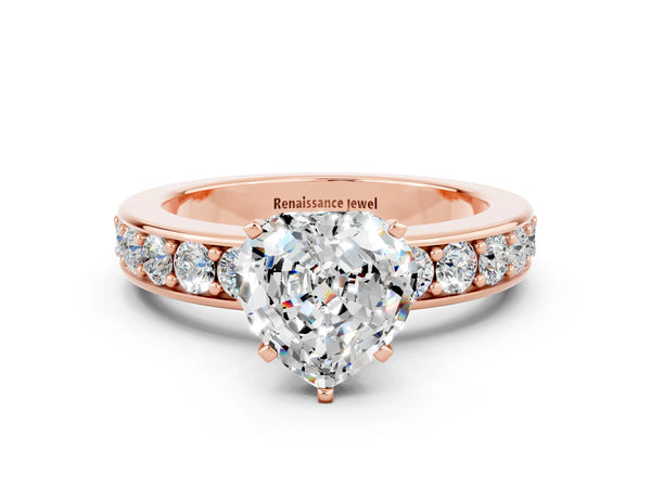 Rose gold Heart Cut Moissanite Engagement Ring with Channel Set Round  Band and Prong Setting