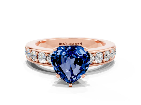 Rose gold Heart Cut Blue Sapphire Engagement Ring with Channel Set Round  Band and Prong Setting