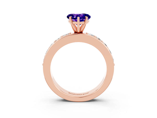 Rose gold Heart Cut Tanzanite Engagement Ring with Channel Set Round  Band and Prong Setting