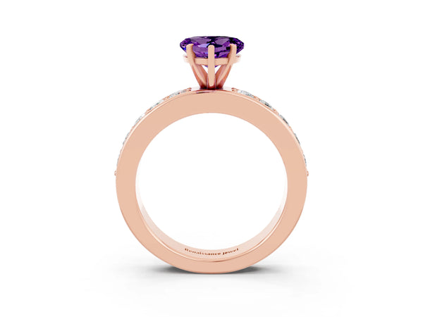 Rose gold Heart Cut Amethyst Engagement Ring with Channel Set Round  Band and Prong Setting