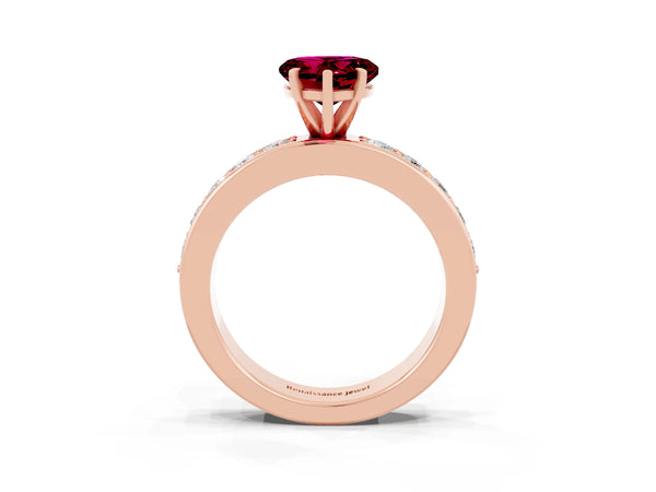 Rose gold Heart Cut Garnet Engagement Ring with Channel Set Round  Band and Prong Setting