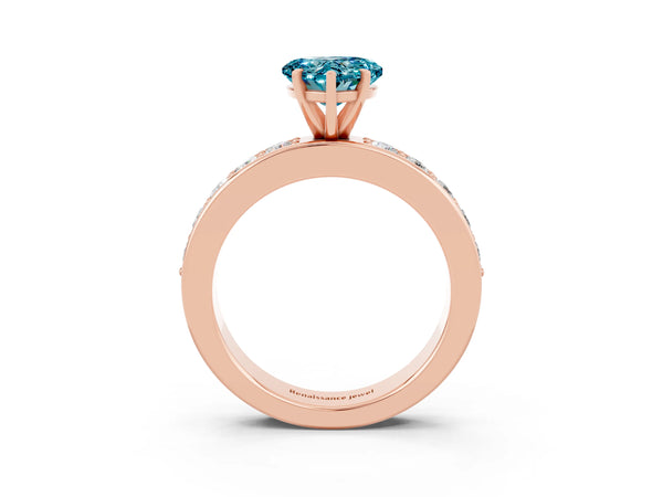 Rose gold Heart Cut Blue Topaz Engagement Ring with Channel Set Round  Band and Prong Setting