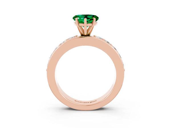 Rose gold Heart Cut Emerald Engagement Ring with Channel Set Round  Band and Prong Setting