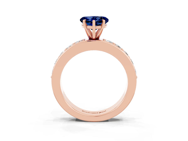 Rose gold Heart Cut Blue Sapphire Engagement Ring with Channel Set Round  Band and Prong Setting