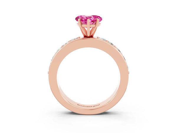 Rose gold Heart Cut Pink Sapphire Engagement Ring with Channel Set Round  Band and Prong Setting