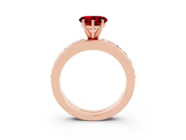 Rose gold Heart Cut Ruby Engagement Ring with Channel Set Round  Band and Prong Setting