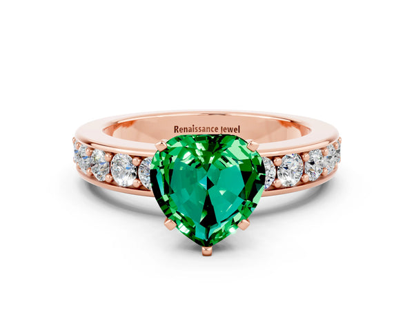 Rose gold Heart Cut Emerald Engagement Ring with Channel Set Round  Band and Prong Setting