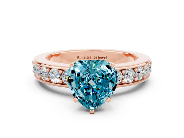 Rose gold Heart Cut Blue Topaz Engagement Ring with Channel Set Round  Band and Prong Setting