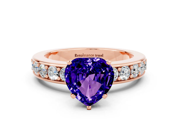 Rose gold Heart Cut Tanzanite Engagement Ring with Channel Set Round  Band and Prong Setting