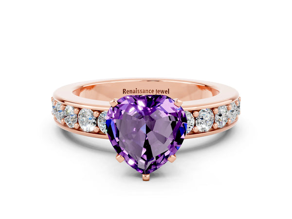 Rose gold Heart Cut Amethyst Engagement Ring with Channel Set Round  Band and Prong Setting