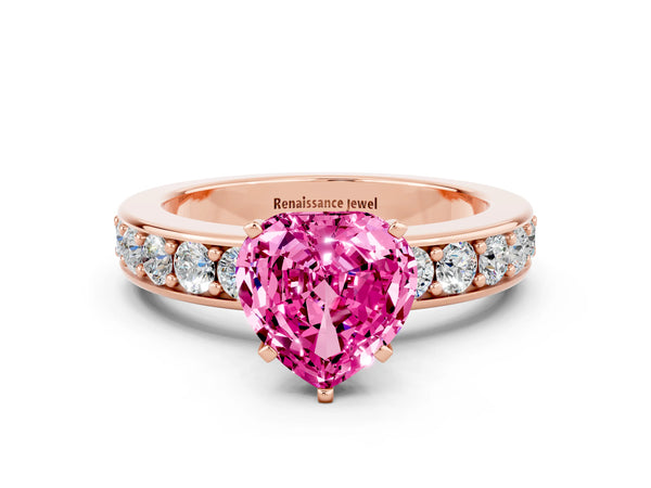 Rose gold Heart Cut Pink Sapphire Engagement Ring with Channel Set Round  Band and Prong Setting