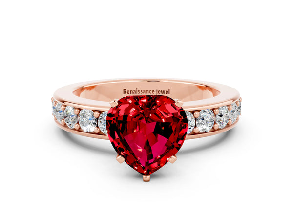Rose gold Heart Cut Ruby Engagement Ring with Channel Set Round  Band and Prong Setting