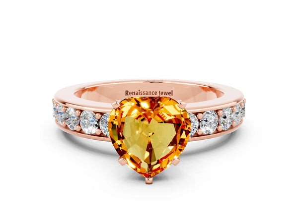 Rose gold Heart Cut Citrine Engagement Ring with Channel Set Round  Band and Prong Setting