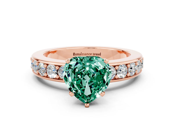 Rose gold Heart Cut Green Sapphire Engagement Ring with Channel Set Round  Band and Prong Setting