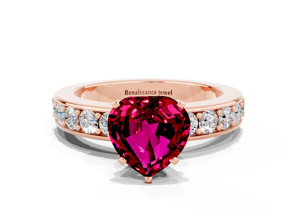 Rose gold Heart Cut Garnet Engagement Ring with Channel Set Round  Band and Prong Setting