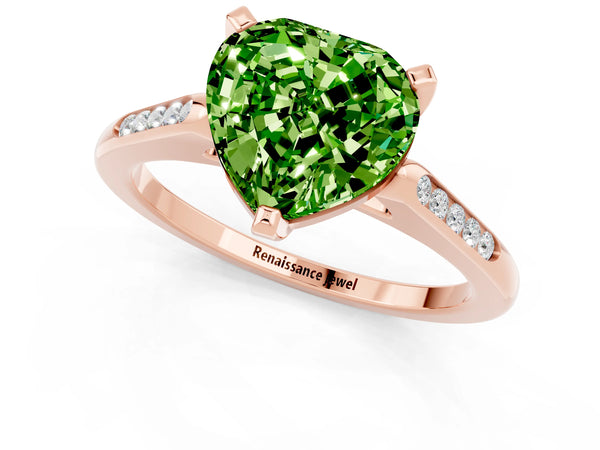 Rose gold Heart Cut Peridot Solitaire Ring with Channel Set Round Band and Prong Setting